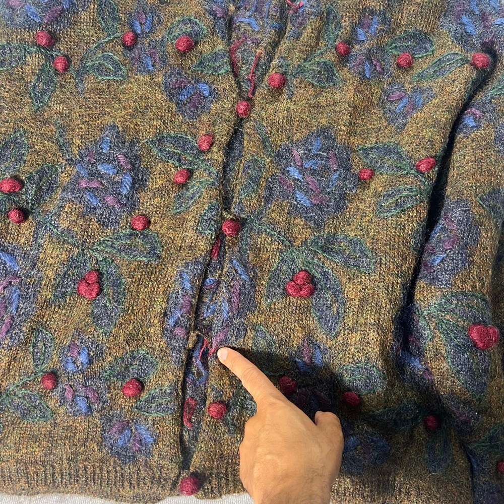 Vintage Express Tricot Womens Medium Mohair Blend Cardigan Floral Pom Pom Chunky - Picture 7 of 9